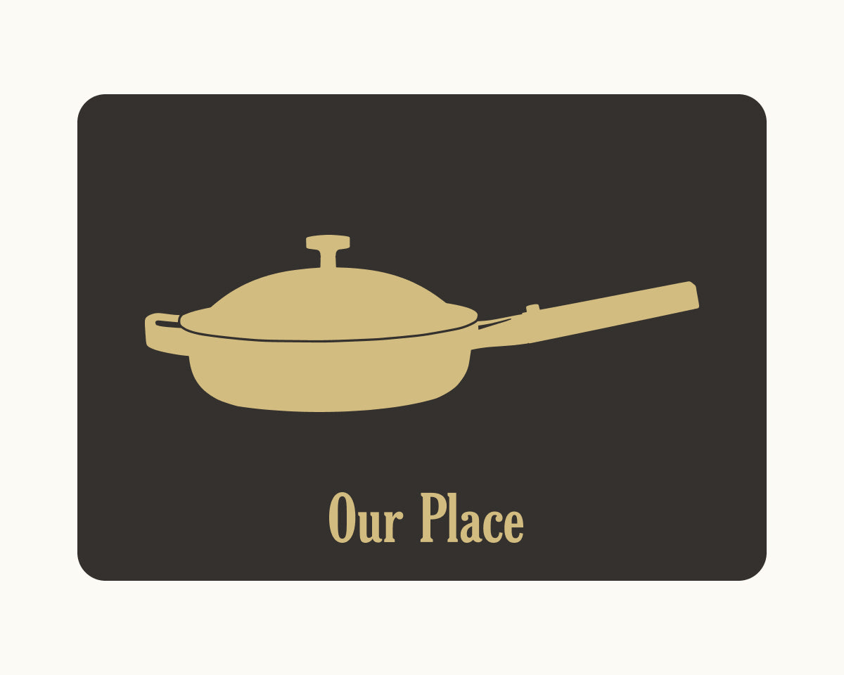A graphic of a gold-colored skillet with a lid and handle, centered above Our Place Gift Card on a dark background—an ideal choice for housewarmings or wedding celebrations.
