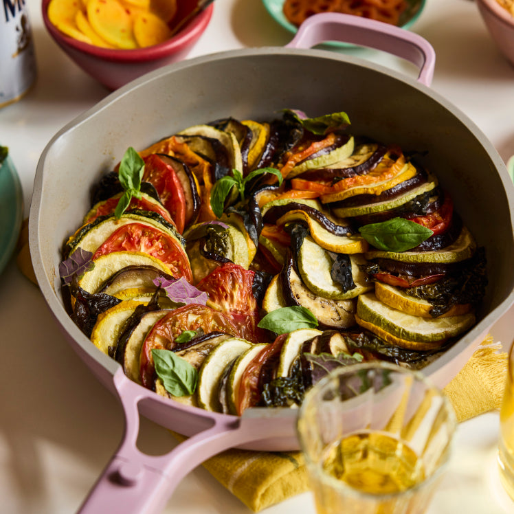 Purple non toxic ceramic nonstick always pan with roasted vegetables