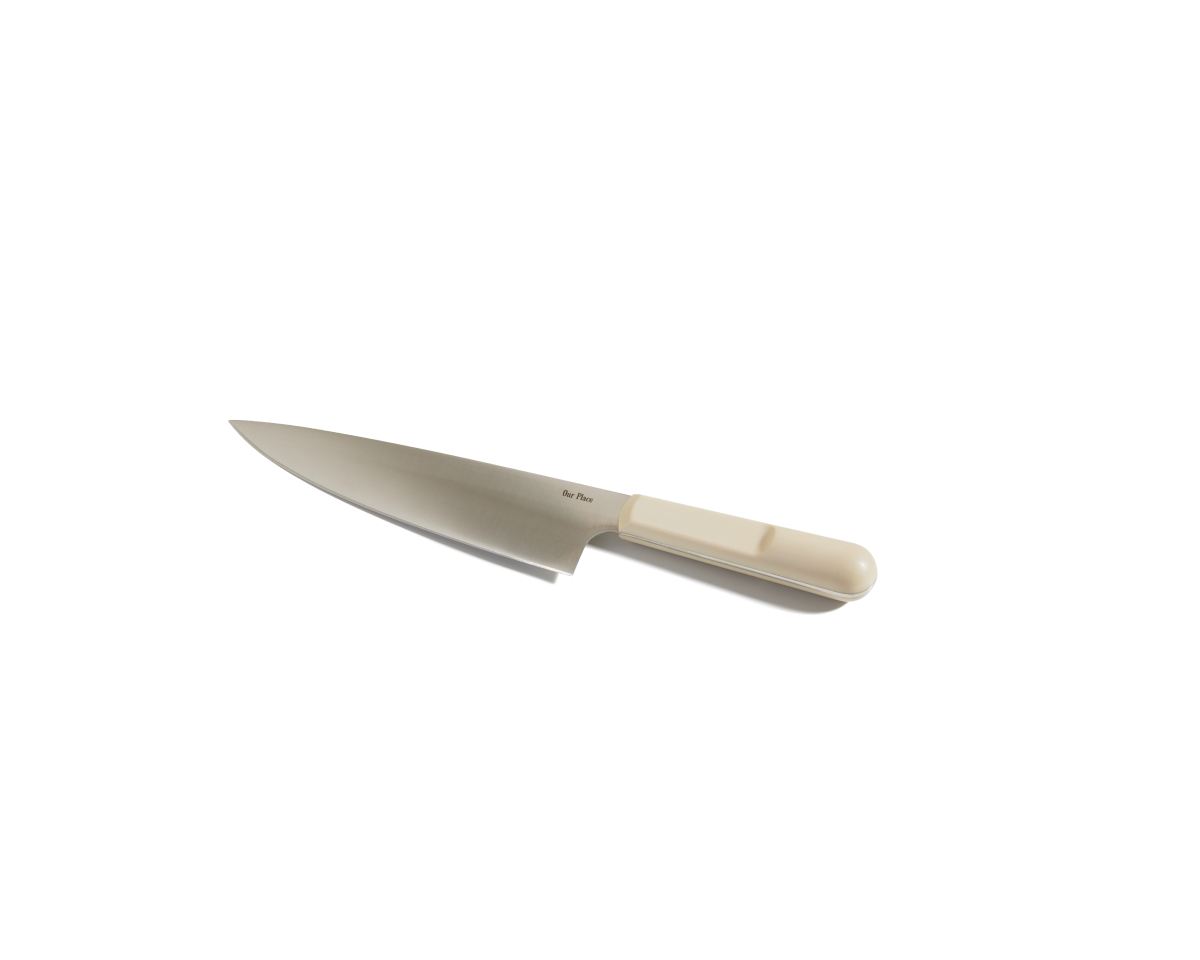 The Everyday Chef’s Knife features a full-tang German steel blade and a beige handle, shown on a white background.