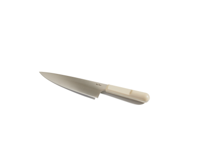 The Everyday Chef’s Knife features a full-tang German steel blade and a beige handle, shown on a white background.
