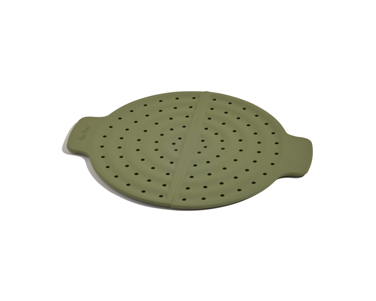 Olive green, round silicone steamer insert with side handles and evenly spaced holes, ideal for splatter prevention when cooking with your Fearless Fry.
