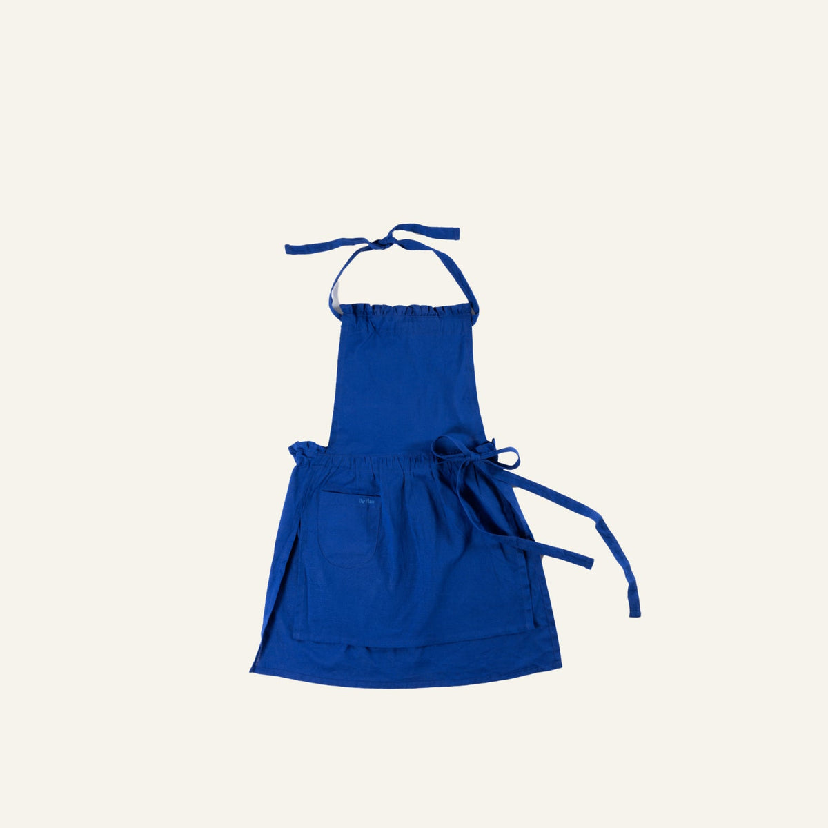 The Hosting Apron (Size 2) is a bright blue, cute apron with a neck strap, waist ties, and a front pocket, shown on a plain light background.