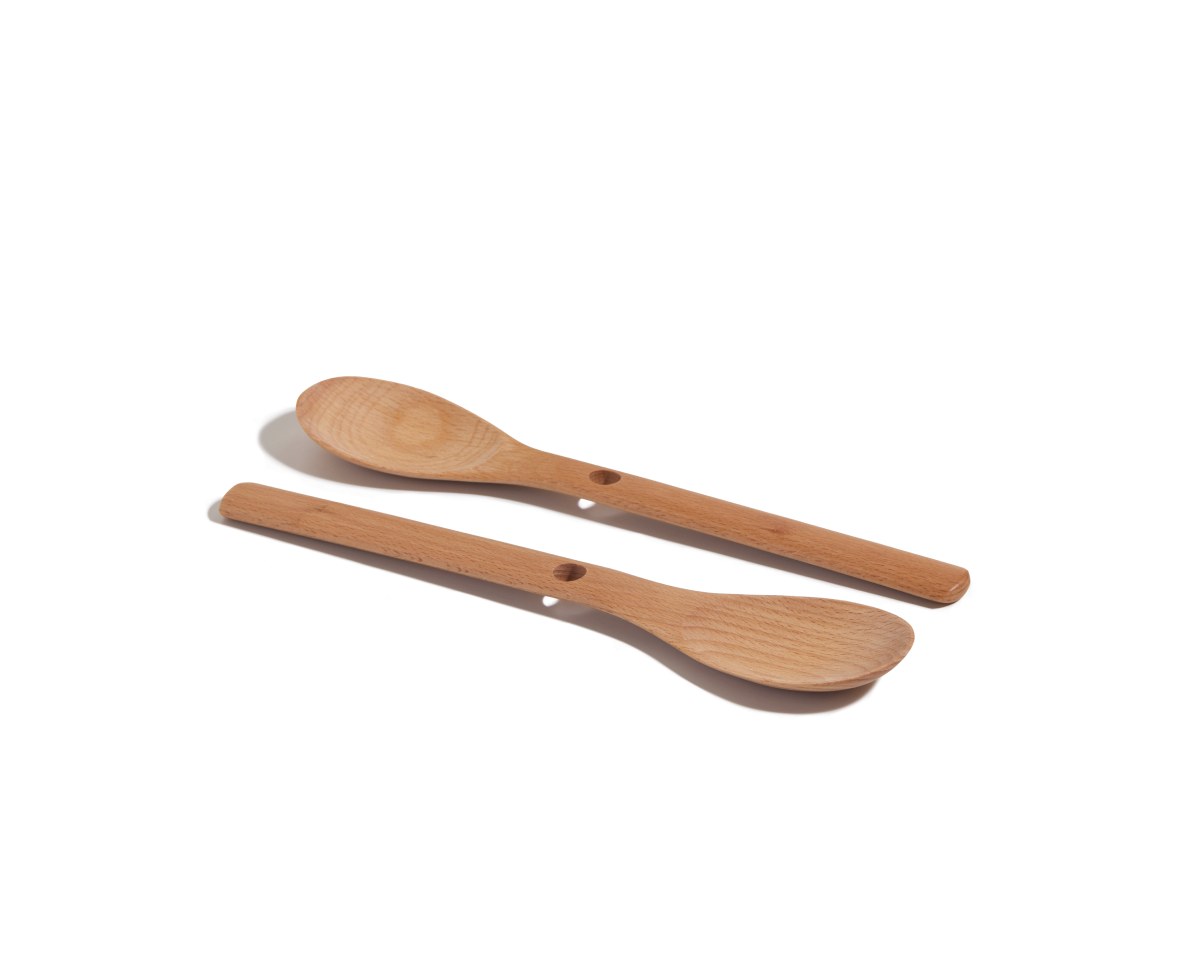 Two Beechwood Spoons with handle holes are shown on a plain white background, making them versatile, natural kitchen utensils for everyday use.