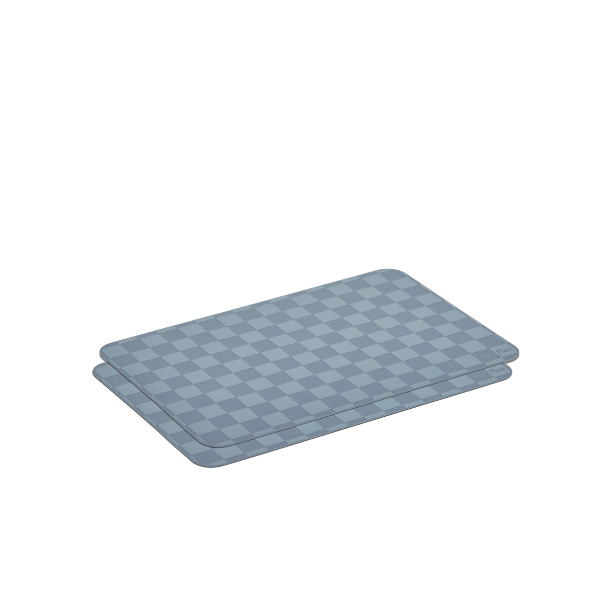 Two gray, rectangular, checkered Oven Mats made of reusable silicone are stacked on top of each other against a plain white background.