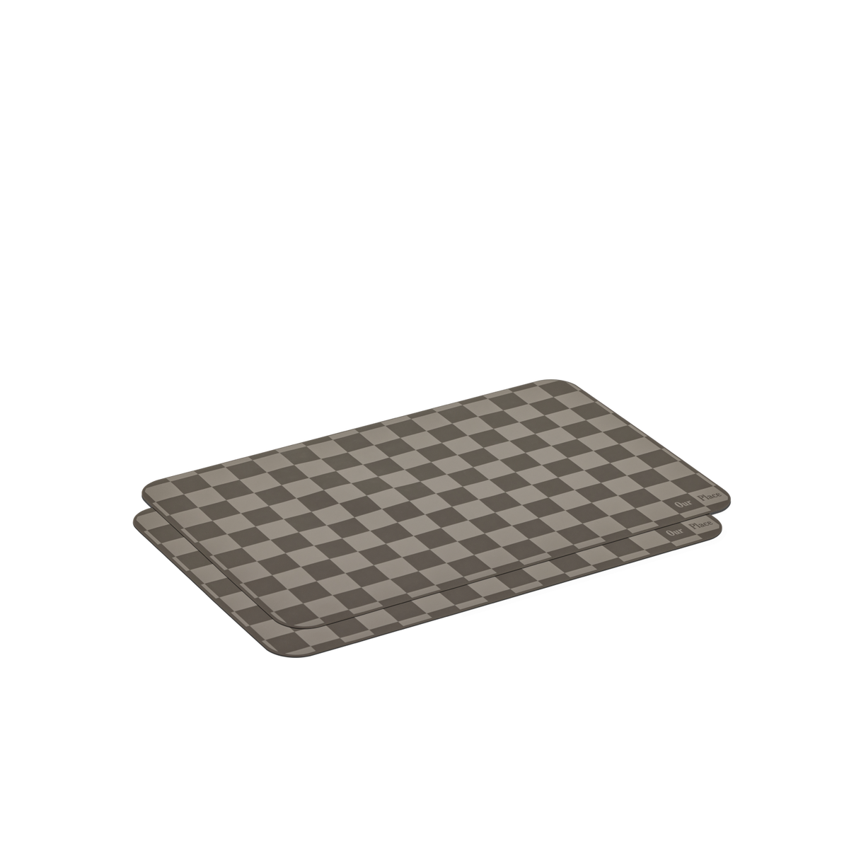 Two rectangular, gray Oven Mats with a checkered pattern, stacked slightly offset on a white background.