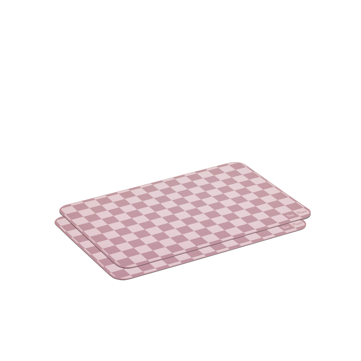 Two rectangular Oven Mats in pink and purple checkered designs are stacked on a white background—reusable silicone mats ideal for adding vibrant color to your kitchen.