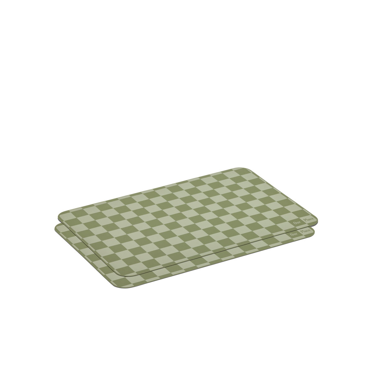 Two rectangular Oven Mats with a green and light green checkerboard pattern are stacked on a white background. Both mats are reusable and made of silicone.