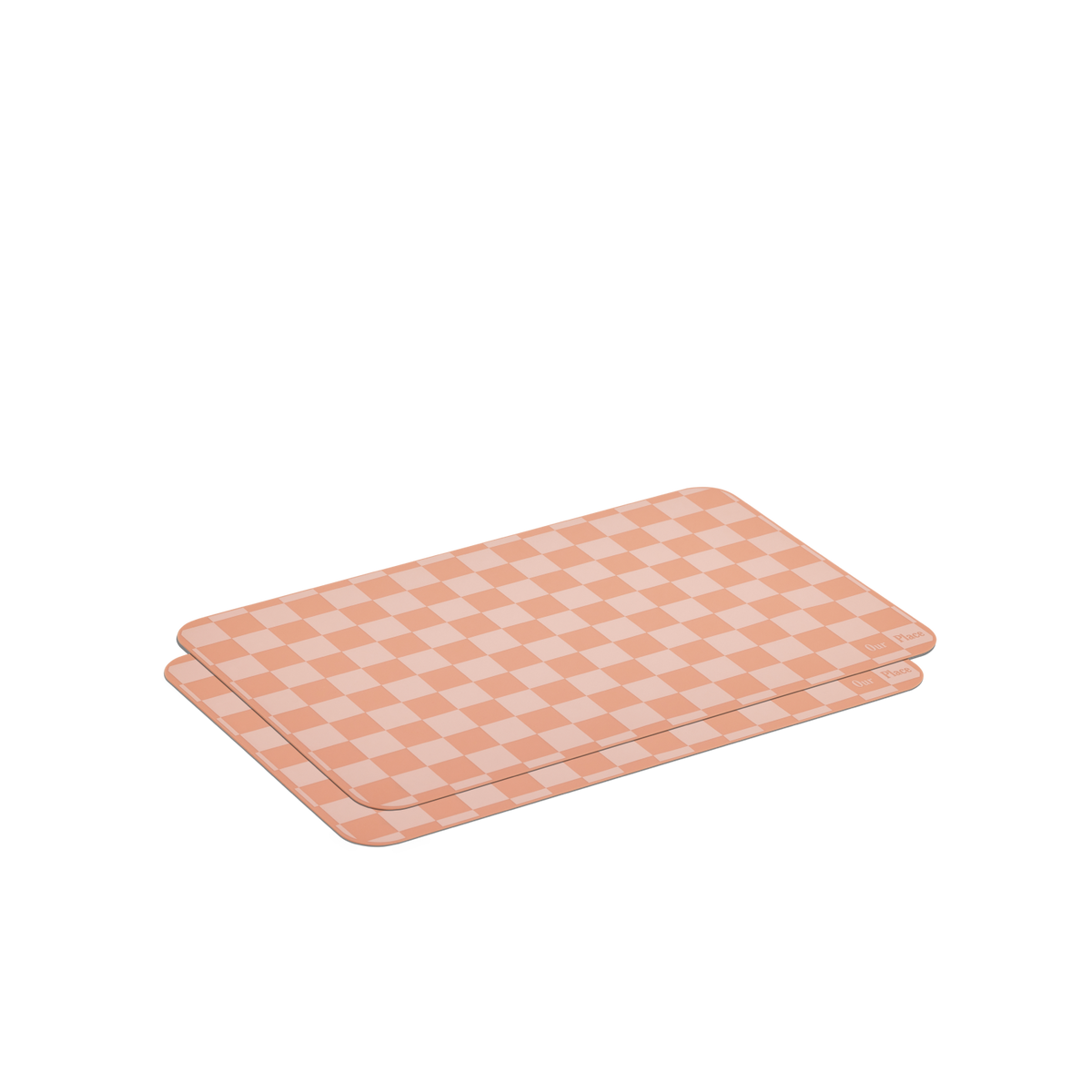 Two rectangular Oven Mats with a peach and cream checkerboard pattern are stacked on a white background.