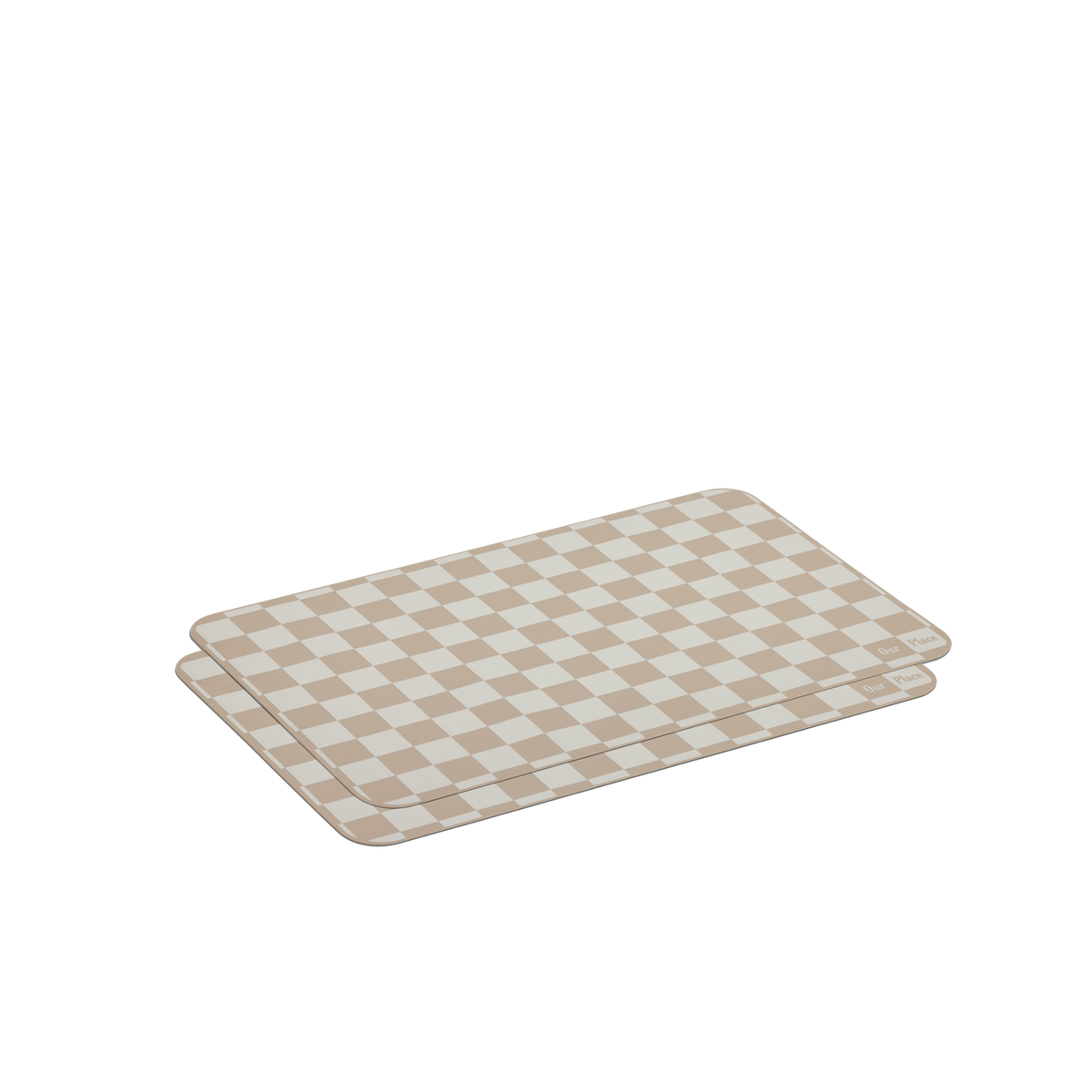 Two Oven Mats with a beige and white checkerboard pattern are stacked slightly offset on a plain white background.