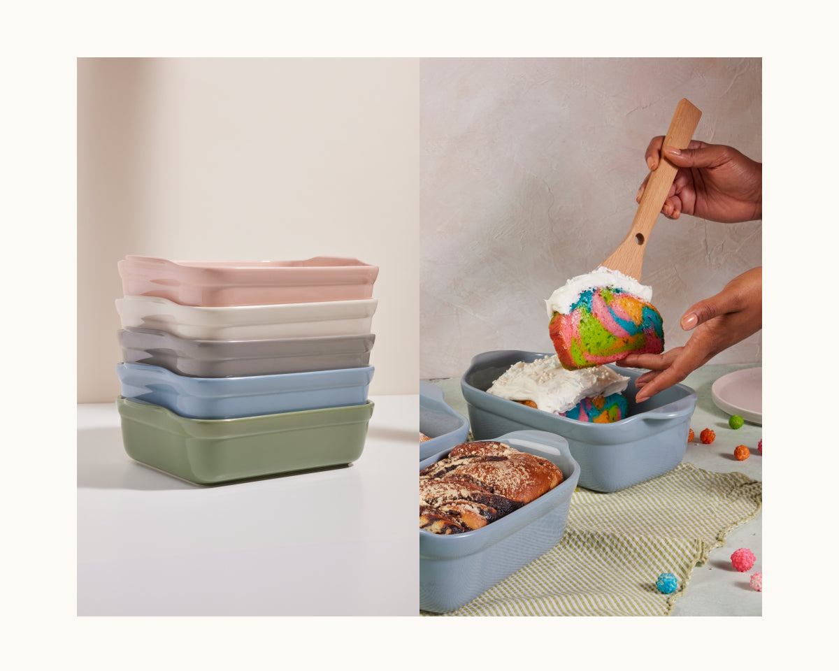 On the left, a stack of five pastel dishes from the Bakeware Set; on the right, cake is served from one dish with a spatula—ideal oven cookware for any kitchen.