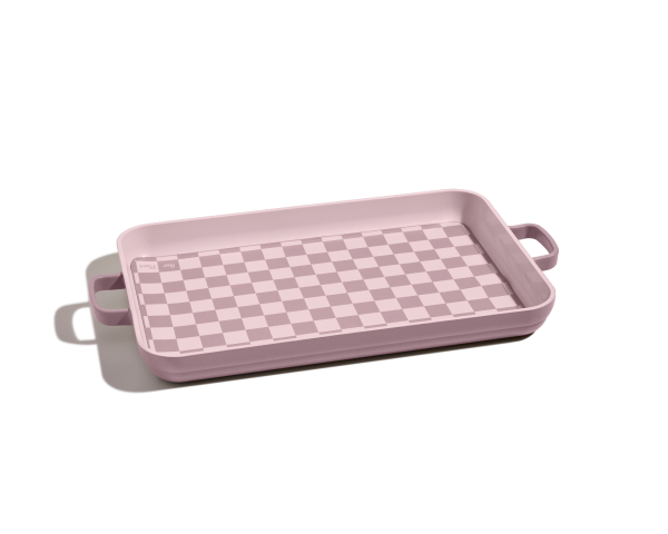 Rectangular pink tray with side handles and a checkered base, featured as part of the Bakeware Set, shown on a white background.
