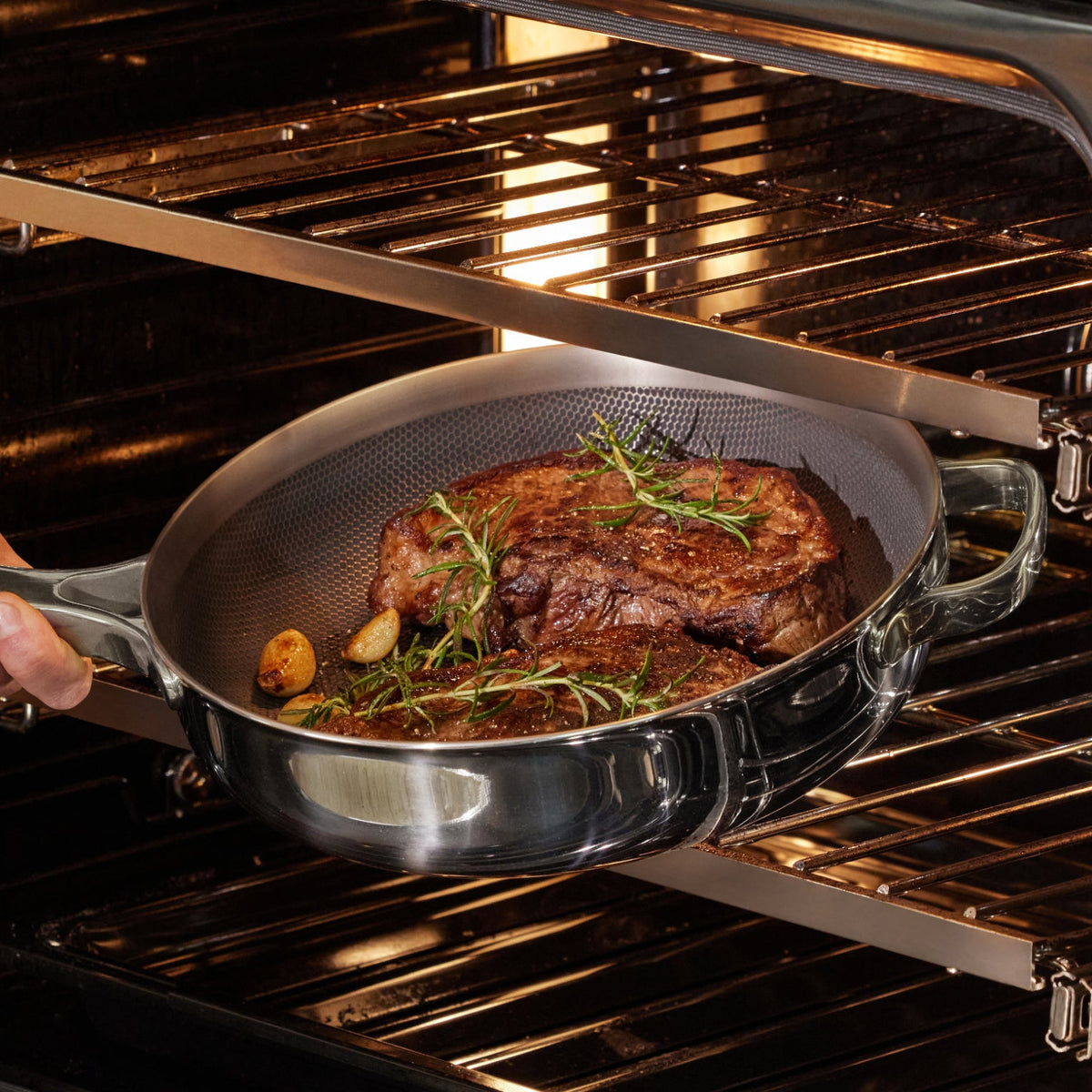cooking steak in oven in chrome titanium always pan pro non toxic frying pan