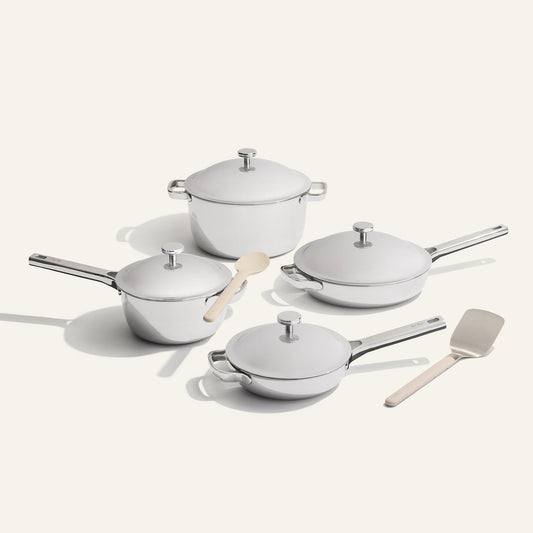 chrome titanium perfect pot pro, mini perfect pot pro, always pan pro non toxic frying pan, and mini always pan pro non toxic frying pan with silicone spoon and stainless steel spatula