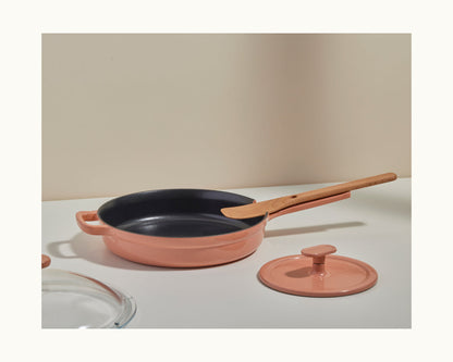 Pink Grill Press paired with a pink Cast Iron Always Pan